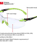 Solus 1000 Anti Fog Safety Glasses with Scotchgard Anti Fog Lens Coating ANSI Z87 rated showing soft nose bridge and removable temples