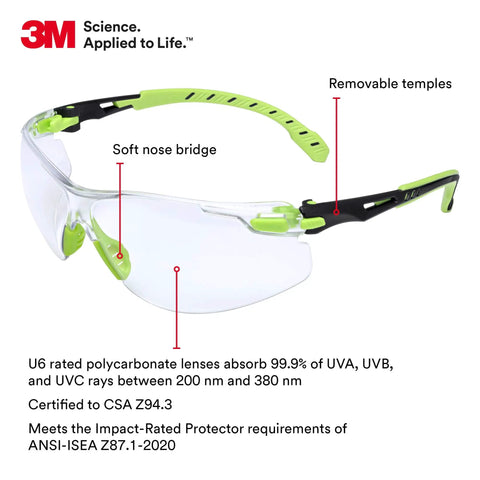Solus 1000 Anti Fog Safety Glasses with Scotchgard Anti Fog Lens Coating ANSI Z87 rated showing soft nose bridge and removable temples