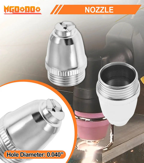 Plasma Cutter Consumables Kit With Tips Nozzles Electrodes Shield Cups For CUT55 CUT60 LGK-60 WSD-60 SG-55 nozzle close-up.