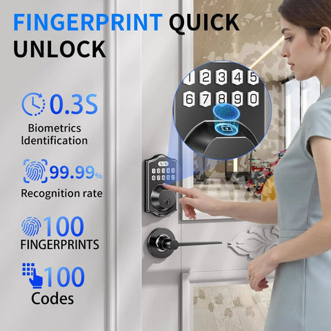 Smart Front Door Deadbolt Lock With Fingerprint Fast Unlock 0.3 Seconds No Fuss 100 Fingerprints 100 Codes Keyless Entry Digital Keypad