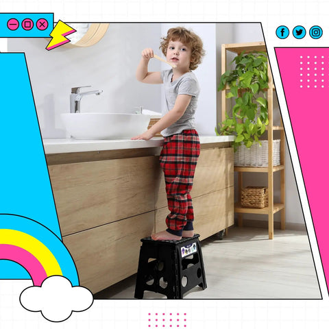 Child using 13 Inch Folding Step Stool 2 Pack No Slip Lightweight Collapsible Stool With Handy Grab Handle Supports Up To 300 Lbs in bathroom