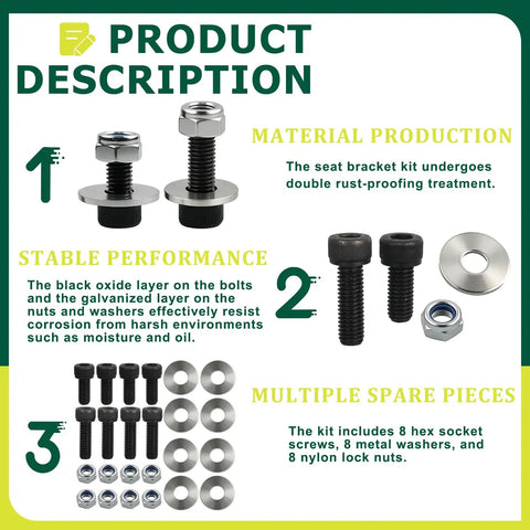 Product description featuring Bottom Mount Seat Hardware Kit For Racing Seats Sliders And Brackets with bolts, washers, nuts.