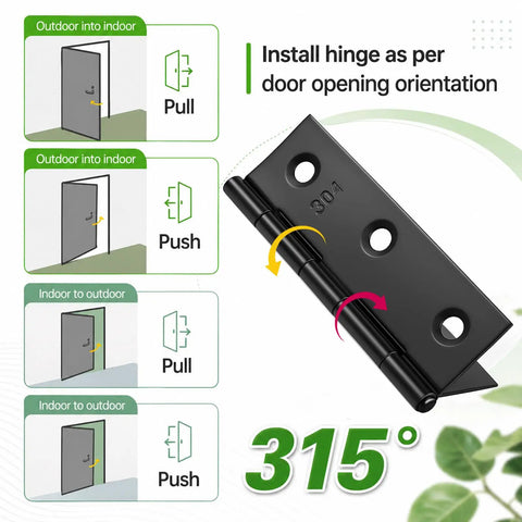 20 Pack Black 3 Inch Door Hinges Stainless Steel 304 With 120 Screws shown with installation orientation guide