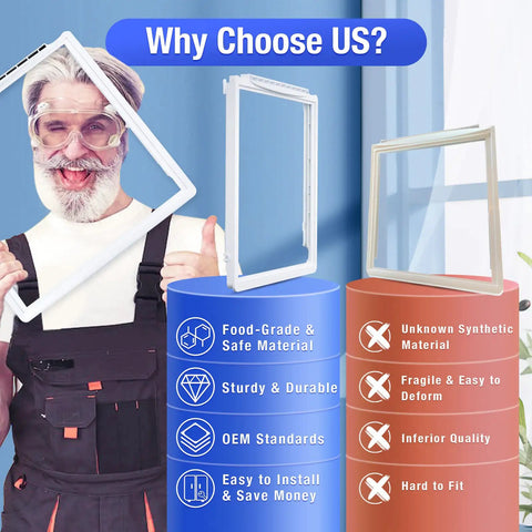 Man holding Crisper Pan Cover Replacement For Frigidaire Refrigerators 241969501 With Shelf Frame Without Glass beside pros and cons chart