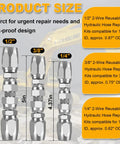Front view: 3-pack hydraulic hose repair fittings, 1/2, 3/8, 1/4 in ID; metal with hex nut ends