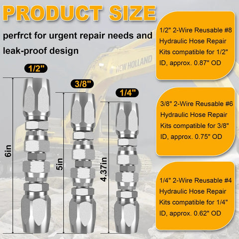 Front view: 3-pack hydraulic hose repair fittings, 1/2, 3/8, 1/4 in ID; metal with hex nut ends