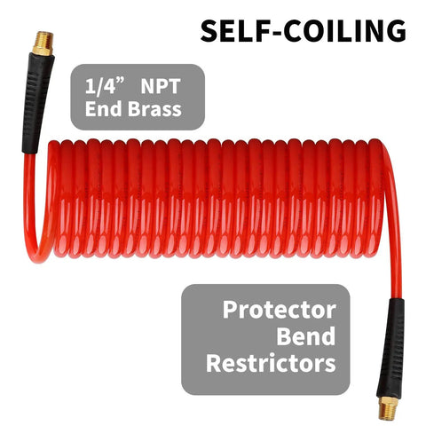 Image of a 25 ft One Quarter Inch Polyurethane Recoil Air Hose with Bend Restrictors in red, self-coiling design for kink resistance