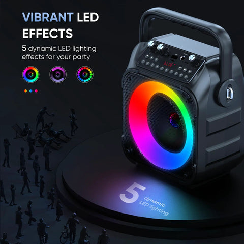 Totally Party-Ready Portable Bluetooth Karaoke System With Two Wireless Mics showcasing vibrant LED lighting on speaker