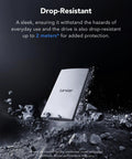 ES3 1TB External SSD Portable USB 3.2 Gen 2 Drive With Read Up To 1050 MB Per Second And Write Up To 1000 MB Per Second, high speed silver SSD falling on rocks, showcasing drop resistance.