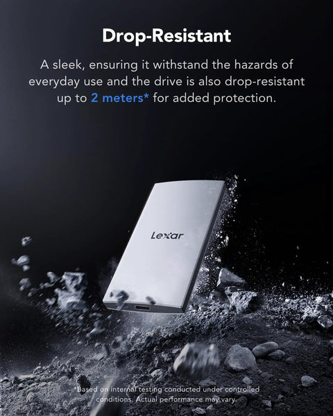 ES3 1TB External SSD Portable USB 3.2 Gen 2 Drive With Read Up To 1050 MB Per Second And Write Up To 1000 MB Per Second, high speed silver SSD falling on rocks, showcasing drop resistance.