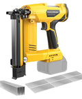 Premium Three In One Cordless Brad Nailer featuring zero hassle setup, with nails and staples for carpentry projects.