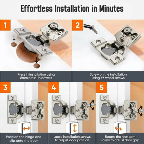 Installation steps for Heavy Duty 50 Pack Soft Close Cabinet Hinges For Face Frame Kitchen Cabinet Doors 1/2 Inch Overlay Concealed 6 Way 3D Adjustable Self Closing Stainless Steel With Nickel Finish Ideal For Kitchen Cabinet Doors.