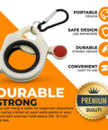 Zip Tie Organizer 2Pack Light Plastic Cable Tie Holder, shown with carabiner, features icons highlighting durability and portability.