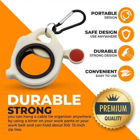 Zip Tie Organizer 2Pack Light Plastic Cable Tie Holder, shown with carabiner, features icons highlighting durability and portability.