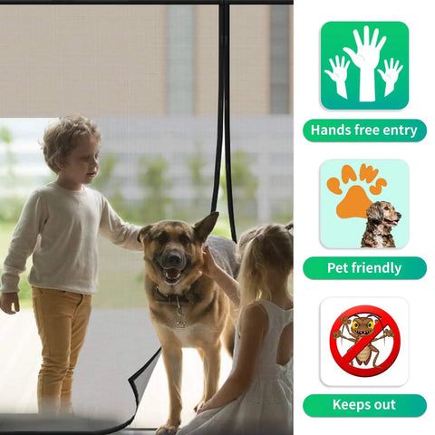 Children and dog by Garage Door Screen For 2 Car Garage 18x7 Ft Magnetic Closure Heavy Duty Screen With Self Sealing Fiberglass Mesh.