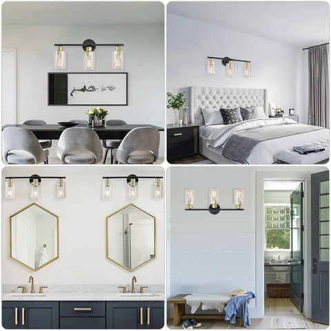 Three Light Matte Black And Gold Bathroom Vanity Light Fixtures With Glass Shade Dope Modern Wall Sconce in various rooms