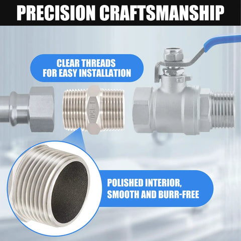 1" Male Hex Nipple Pipe Fittings, 304 Stainless Steel 1 inch NPT Threaded Pipe Adapter Fittings Equal Nipples Connectors with polished threads