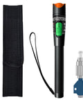 CHunreegow Visual Fault Locator fiber tester with green switch, orange cap, textured grip, belt pouch (front view).