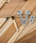 Beefy Heavy Duty Stainless Steel Hex Socket Cap Screws And Nut Set M6x30 flat head bolts with washers on wooden backdrop.