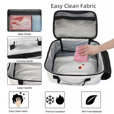 Camel Desert Insulated Lunch Box With Detachable Handle, open showing easy-clean interior and mesh pocket, 7.5x4.5x10.2 size.