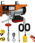 Front view of orange electric hoist winch with steel wire rope, hook, and remote control; 880 lb capacity, 110–120V.
