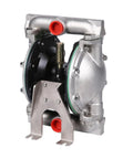 Air-operated double-diaphragm pump, aluminum alloy body, 1-inch inlet/outlet, red ports, for chemical/oil transfer.