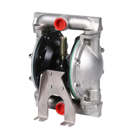 Air-operated double-diaphragm pump, aluminum alloy body, 1-inch inlet/outlet, red ports, for chemical/oil transfer.