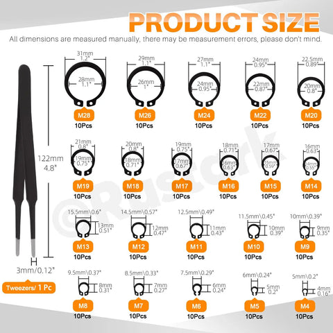 Product size chart for Beefy 266-Piece External Snap Rings Set Black Alloy Steel With Tweezers showing 21 sizes from M4 to M28.