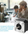 Front view of YEJMKJ Nema 17 stepper motor; silver faceplate, black housing, protruding shaft and white connector