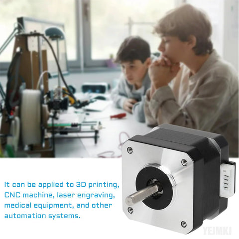 Front view of YEJMKJ Nema 17 stepper motor; silver faceplate, black housing, protruding shaft and white connector