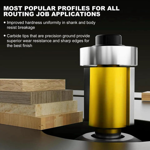 Close-up of Router Bit Set For Woodworking With One Quarter Inch Shank 35 Piece Kit for clean cuts on wood
