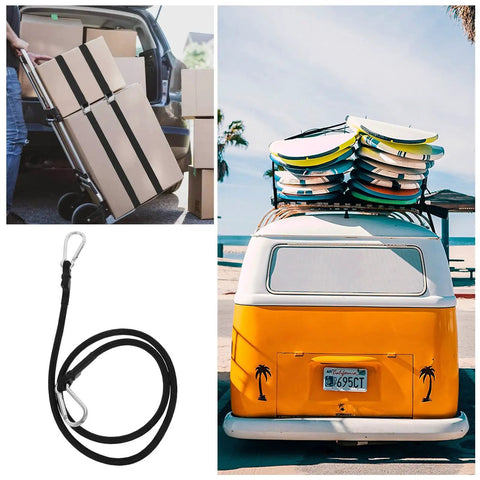 One Meter Motorcycle Luggage Strap Bungee Cord With Carabiner Hooks securing surfboards on RV at beach