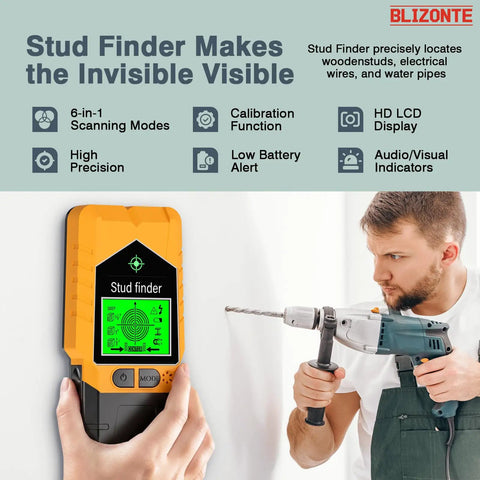 BLIZONTE Stud Finder Wall Scanner with HD LCD Display, 6 in 1 functions, used in hand, detecting wall structures, orange.