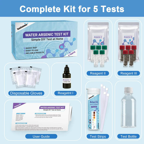 Arsenic Water Test Kit With 5 Tests For Drinking Well And Tank Water Ranges Up To 500 Ppb Or 0.5 Ppm, kit contents including test strips, reagents, and guide.