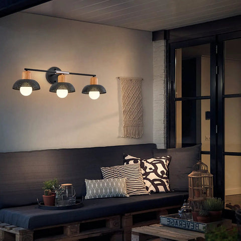 Industrial Three Light Bathroom Vanity Light With Wood Accent And Perforated Pattern Metal Shade, Wall Mount, E26 Base, Matte Black Finish, Dope Modern Farmhouse Vibe For Powder Room Or Hallway