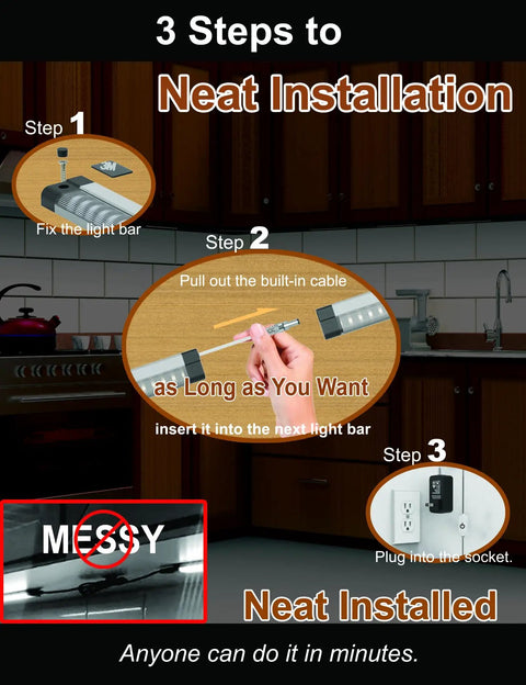3-step installation guide for Ultra Bright LED Under Shelf Lighting For Wide Shelves 8 Panel Kit in kitchen setting with neat results