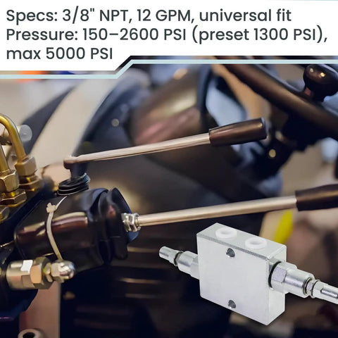 Built Tough Dual Crossover Hydraulic Relief Cushion Valve 3/8 NPT, 12 GPM Flow, Fits Reversible Hydraulic Motors, Double Acting Cylinder Control, Adjustable Relief 150 To 2600 PSI, Preset 1300 PSI, Max 5000 PSI, Replaces DCRV45-06N