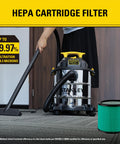 Person using vacuum with HEPA Cartridge Filter For Most 5 To 18 Gallon Wet Dry Vacuums Washable And Reusable Replacement