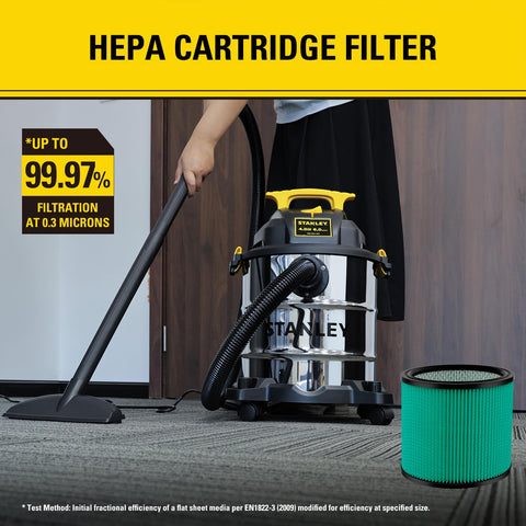 Person using vacuum with HEPA Cartridge Filter For Most 5 To 18 Gallon Wet Dry Vacuums Washable And Reusable Replacement