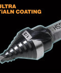Close-up of Jerax Tools M35 HSS 1/2-inch step drill bit tip with double spiral flutes
