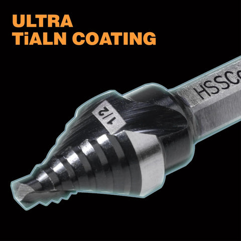 Close-up of Jerax Tools M35 HSS 1/2-inch step drill bit tip with double spiral flutes