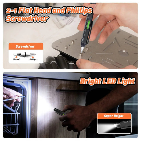 9 In 1 Multitool Pen Set For Dad And Husband with screwdriver function and LED light, used for DIY tasks on metal and in dark spaces.