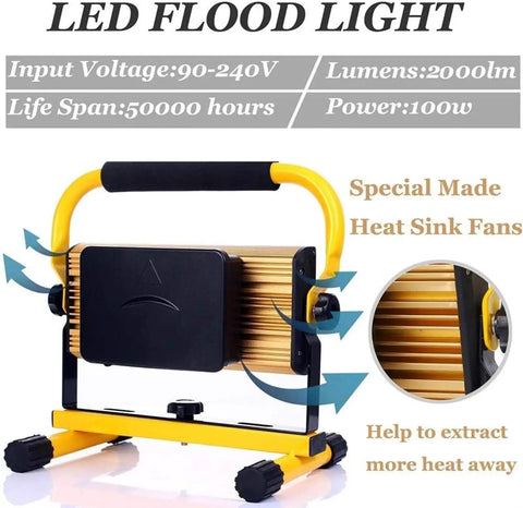 100W 2000Lm Led Work Light Rechargeable Portable Floodlight Ip65 Water, showing a close-up of heat sink fans for cooling.