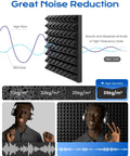 Heavy Duty Acoustic Pyramid Soundproof Foam Panels For Wall Noise Reduction Self Adhesive Dampening Tiles For Home Studio Gaming Booth Podcast Recording Crush Flutter Echo And Boost Audio Quality Fast Install 12 Pack - Black foam panel with textured surface for noise absorption.