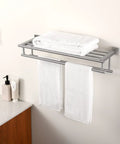Rustproof Double Towel Rack With 23.3 Inch Wall Mount Shelf In SUS304 Stainless Steel Brushed Finish, holding towels in bathroom.