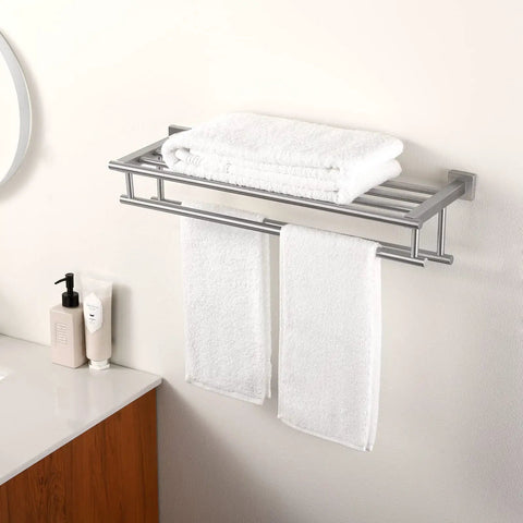 Rustproof Double Towel Rack With 23.3 Inch Wall Mount Shelf In SUS304 Stainless Steel Brushed Finish, holding towels in bathroom.