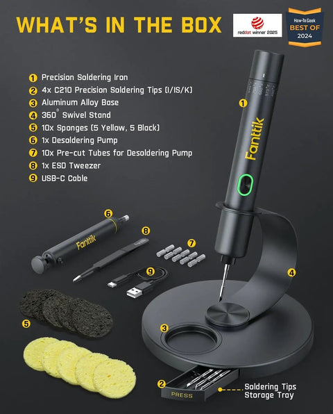 Image showing T1 Max Cordless Soldering Iron Kit With 7 Second Heat Up From 390 To 840 Fahrenheit Auto Sleep, with included accessories.
