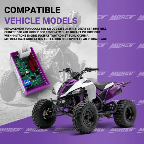 5 Pin AC CDI Ignition Module Replacement For ATV Dirt Bike Scooter Go Kart with dip switch shown with compatible vehicle models.