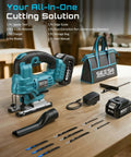 Badass Brushless Cordless Jigsaw Featuring Dual Four Ah Batteries And Rock Solid Variable Speed Settings For Lightning Fast Precision Cuts On Wood And Steel Projects displayed with two batteries, edge guide, charger, blades, and storage bag.