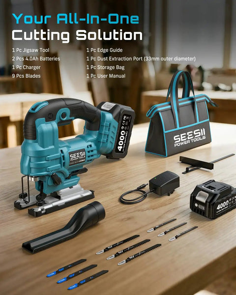 Badass Brushless Cordless Jigsaw Featuring Dual Four Ah Batteries And Rock Solid Variable Speed Settings For Lightning Fast Precision Cuts On Wood And Steel Projects displayed with two batteries, edge guide, charger, blades, and storage bag.